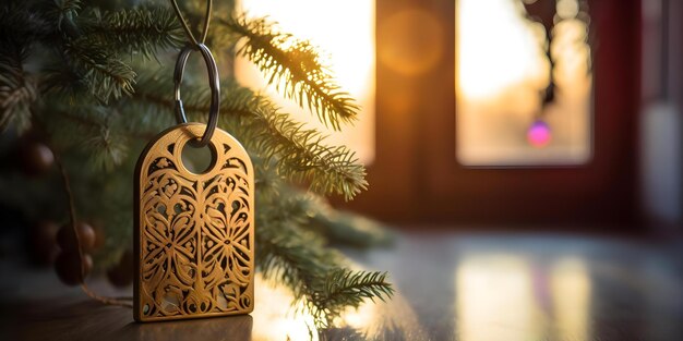 Photo symbolizing a new beginning a festive keychain hanging on a doorknob in a cozy home concept new beginnings festive decor cozy home keychain decor symbolic imagery