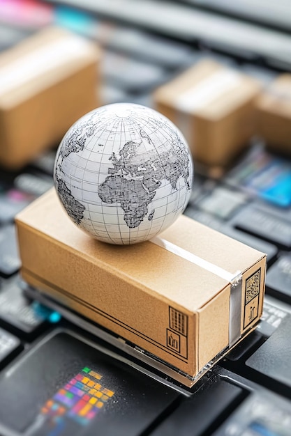 Photo symbolizing online shopping and ecommerce a small globe sits atop a cardboard parcel box on a laptop keyboard