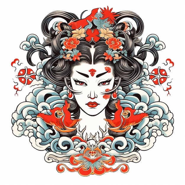 Photo symmetric geisha portrait with roses outline of cartoon design for tshirt mug case