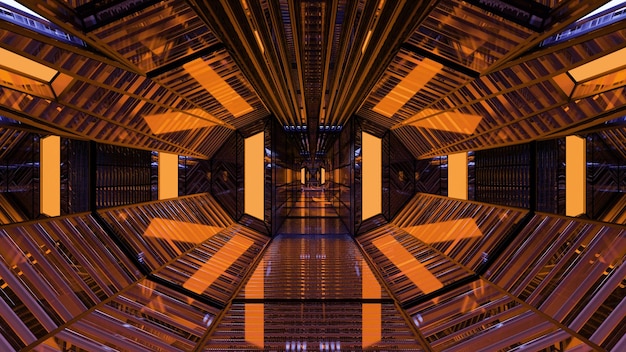 Symmetric orange sci fi tunnel 4K UHD 3D illustration