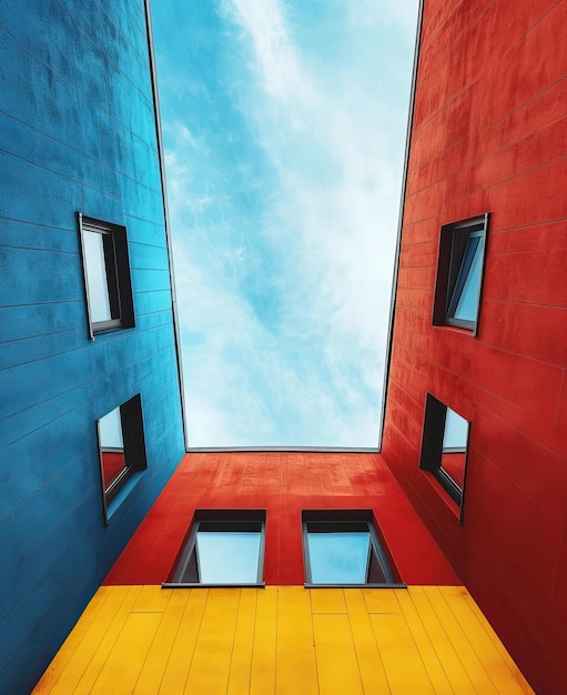 symmetric right angled fine line structure within a cube using soft red soft blue and soft yellow colors