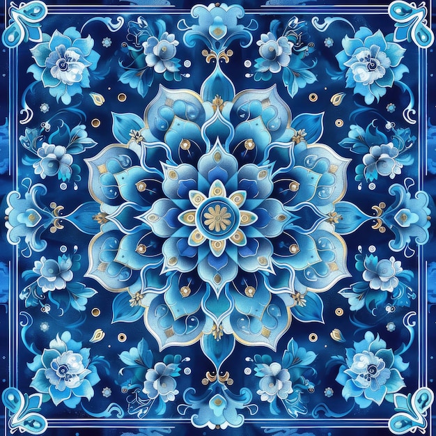 Symmetrical abstract batik for rugs blue