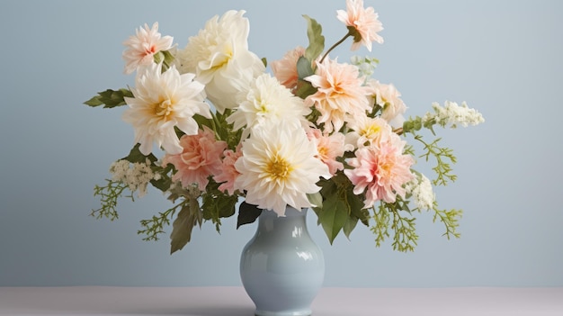 Symmetrical Arrangement Of White And Pink Flowers In A Blue Vase