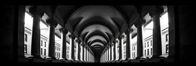 Symmetrical Beauty A Stunning Perspective Shot in Black and White of an Old Architectural Structure