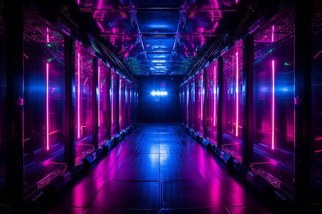 Symmetrical composition of servers with colored lighting accents