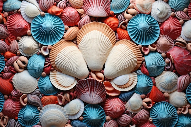 A symmetrical composition of vibrant seashells displaying a range of stunning colors and patterns