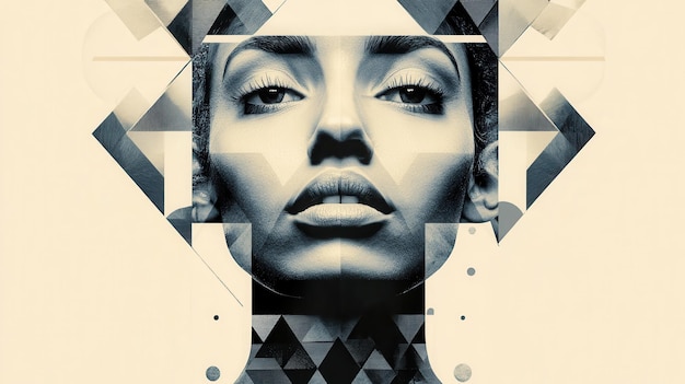 Photo symmetrical face with geometric patterns and minimalist background