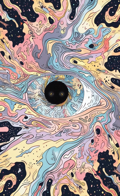 Photo a symmetrical illustration of an eye surrounded by swirling colorful abstract patterns