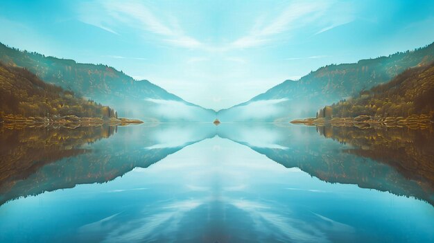 Photo symmetrical mountain reflections on a tranquil lake at dawn