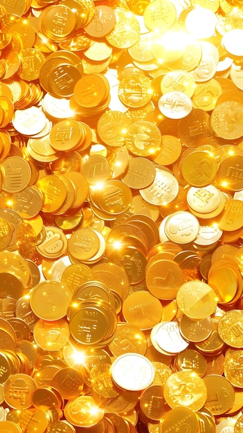 Photo symmetrical pattern of shiny golden coins with glittering texture on bright flat background