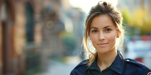 Symmetrical Portrait of Policewoman in Urban Setting Centered Professional Photo with Copy Space and Blurred Background Concept Professional Portrait Symmetry Urban Setting Policewoman