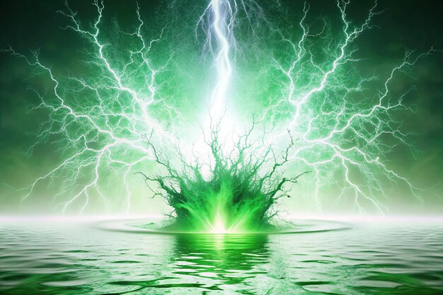 Photo symmetrical powerful explosion of splash green water white lighting on white isolated background