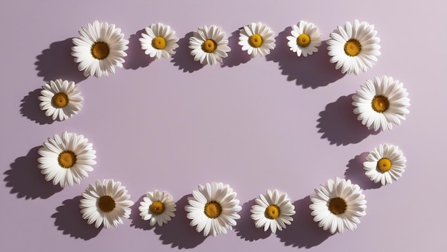 Photo symmetrical rectangular frame of white daisies with yellow centers neatly arranged on a soft purple background creating a bright and floralthemed border generative ai