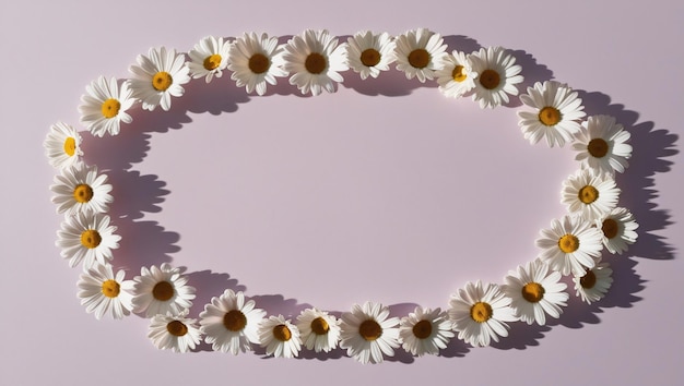 Photo symmetrical rectangular frame of white daisies with yellow centers neatly arranged on a soft purple background creating a bright and floralthemed border generative ai