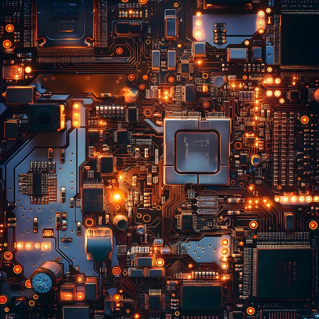 Symmetrical Vision of a Glowing Circuit Board in the Dark