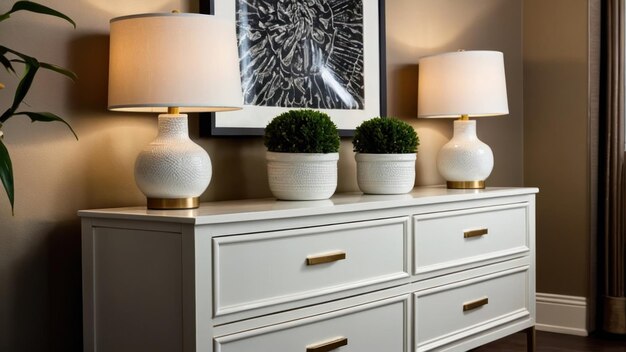 A symmetrically designed dresser with two table lamps and artwork