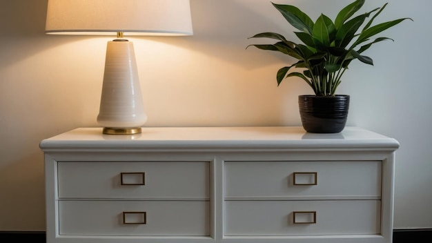 A symmetrically designed dresser with two table lamps and artwork