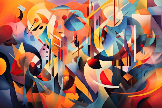 Symphony of abstract shapes and colors on a vibrant background evoking a sense of joy movement