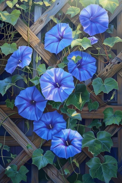 A Symphony of Color Morning Glories in Full Bloom Weaving Through a Trellis on a Bright Spring Day