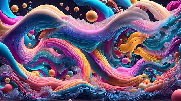 A symphony of colorful waves interspersed with floating bubbles background shadow 3d wallpaper