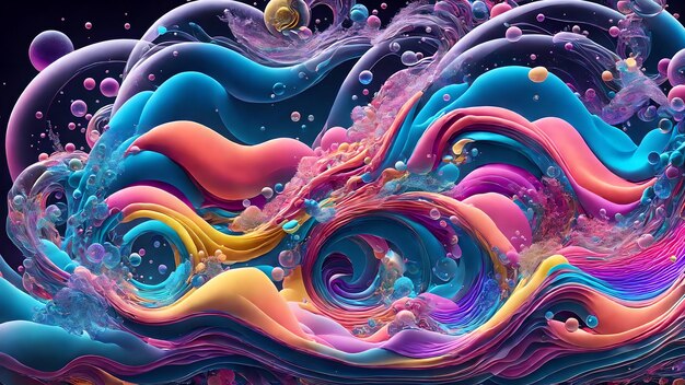 A symphony of colorful waves interspersed with floating bubbles background shadow 3d wallpaper