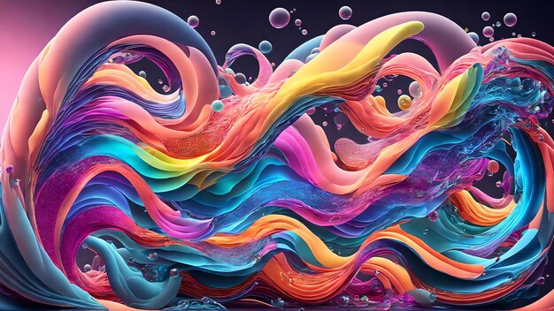 A symphony of colorful waves interspersed with floating bubbles background shadow 3d wallpaper