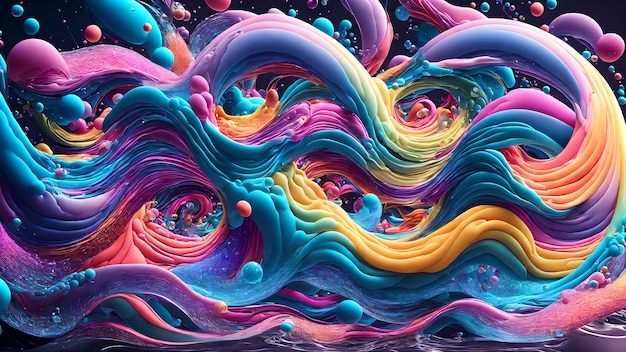 A symphony of colorful waves interspersed with floating bubbles background shadow 3d wallpaper