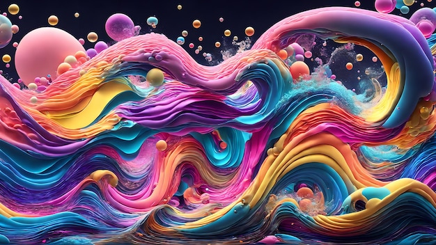 A symphony of colorful waves interspersed with floating bubbles background shadow 3d wallpaper