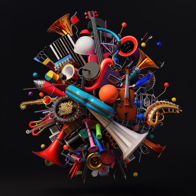 Symphony of Colors 3D Composition Celebrating Musical Diversity with Vibrant Instruments