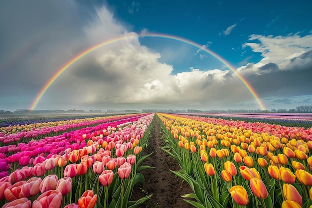 A symphony of colors tulip fields beneath a radian generative ai