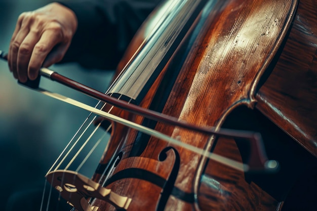 Symphony concert a man playing the cello hand close up