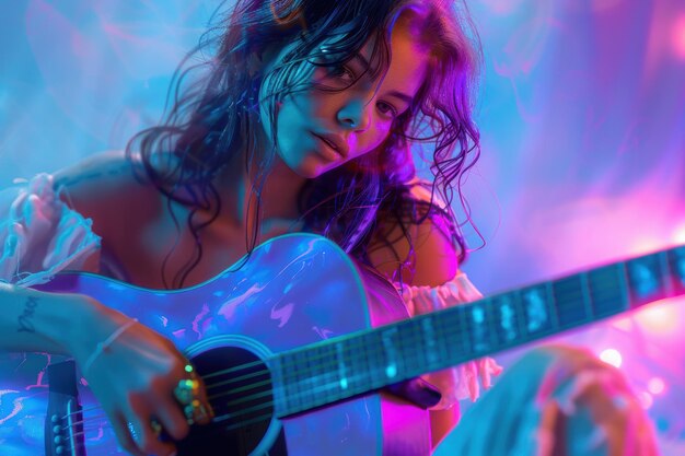 A Symphony of Light A Young Woman Strums Her Guitar