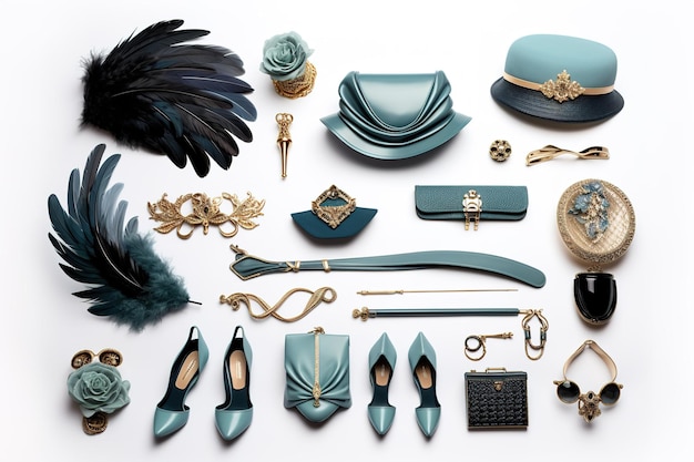 Photo a symphony of teal and gold an exquisite collection of fashion accessories on a white or clear surface png transparent background