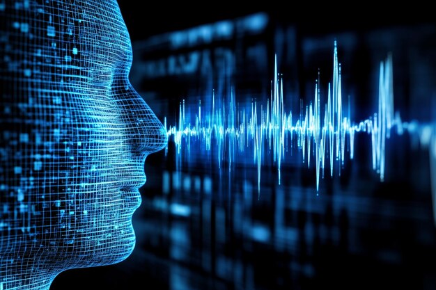 Photo synaptic activity sensory processing and neuro mapping digital human profile with glowing soundwave