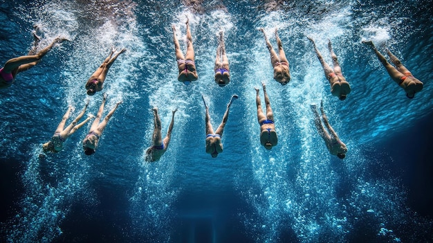 Photo synchronized swimmers performing a routine in perfect harmony