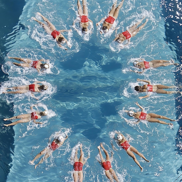 Photo synchronized swimming team performing in a pool