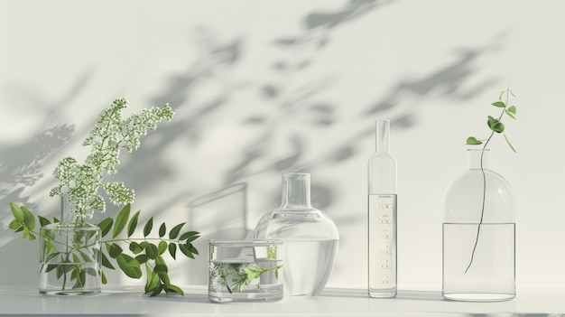 the synergy between natural organic botany and scientific glassware showcasing alternative medicine herbs and natural beauty skin care products in a research and development concept