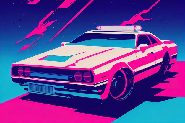 Synth wave car in 80s style pink blue colors retrowave car