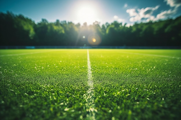 Synthetic Turf Football Field with Soccer Goal Green Grass and Goal Net Shadow