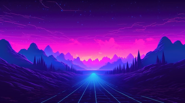 Synthwave 80s 90s neon background Blue Purple Retro cyberpunk illustration instagram social format