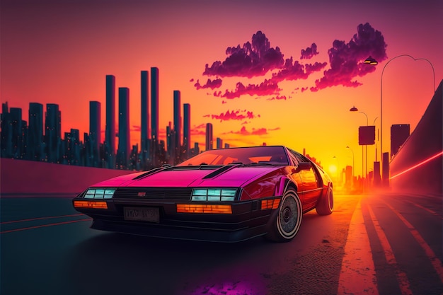 Synthwave car in city