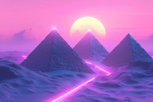 Synthwave Dreamscape Glowing Pyramids Rise in a Vibrant Desert Under a Neon Sun