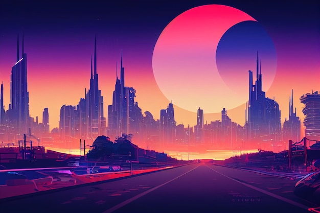 Synthwave futuristic city retro wave pink city illustration