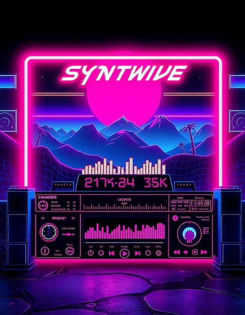 Photo synthwave layout for a music streamer with bold neons synthwave l creative game interfacean