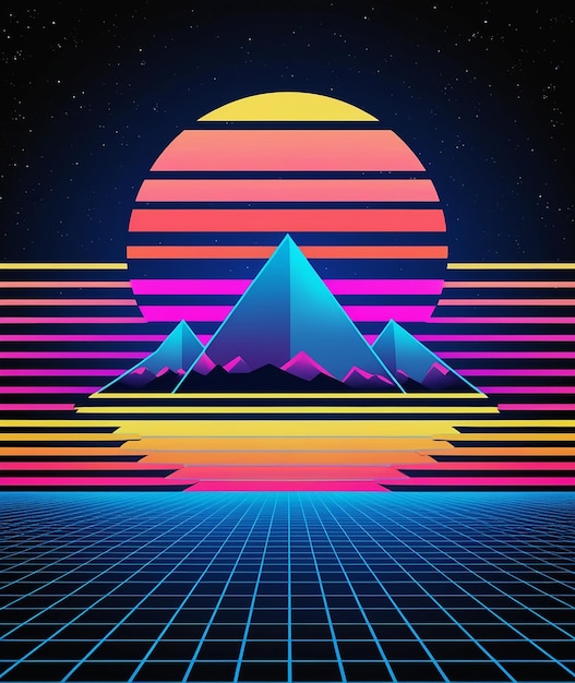 Photo synthwave retro design mountains and sun vector illustration