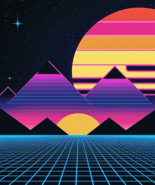 Photo synthwave retro design mountains and sun vector illustration