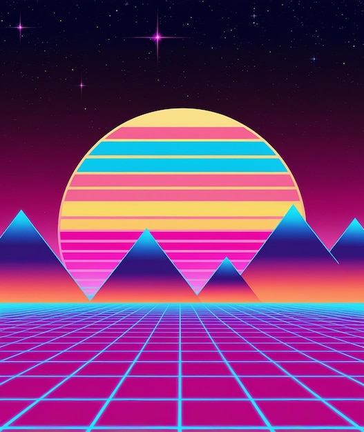 Photo synthwave retro design mountains and sun vector illustration