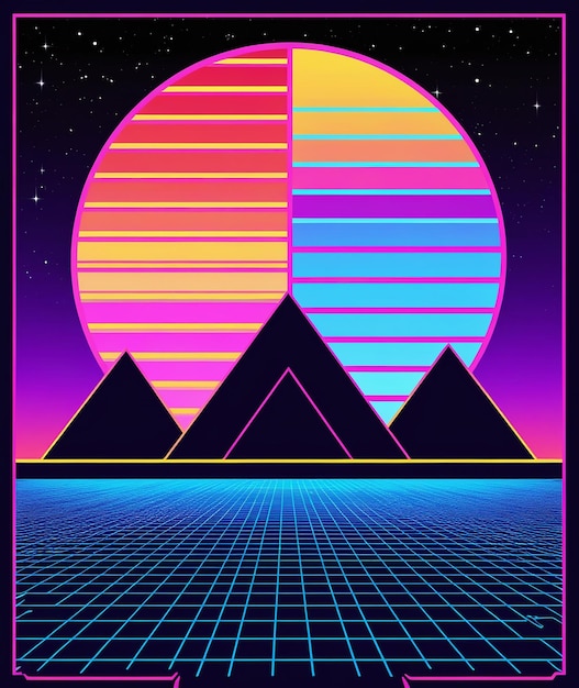 Photo synthwave retro design mountains and sun vector illustration