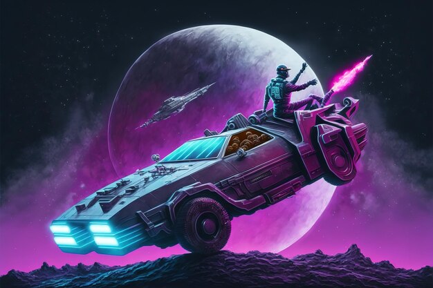 Synthwave spase car retro wave car