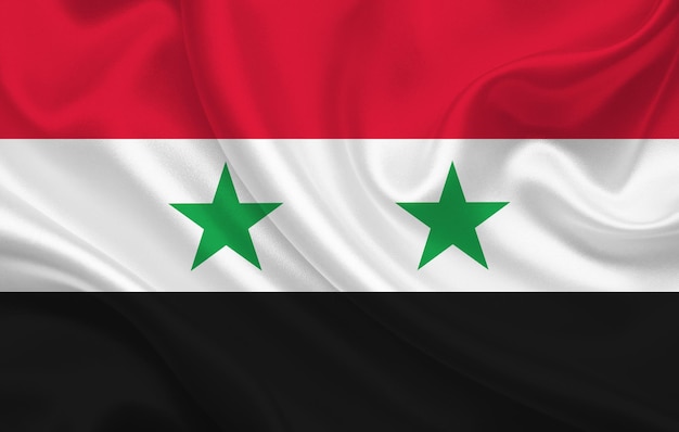 Syria country flag on wavy silk fabric background panorama - illustration